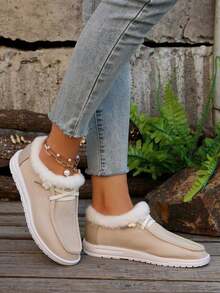 Mocasines tipo chanclas de felpa para mujer, zapatos cálidos y holgados tipo botas de nieve de parte superior baja, para usar con suéter - Beis - Ver 7