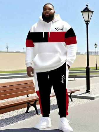 ZhuYa "King"-träningsset med typsnitt och kontrastränder, plusstorlek, herr, huvtröja i två delar, plusstorlek, lös passform, bekväm huvtröja + joggingbyxor, avslappnad gatustil, vår/höst