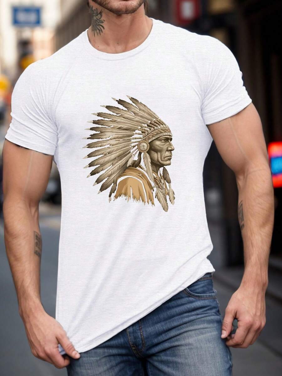 Men's Chief Graphic Tee - Casual Short Sleeve, Breathable Polyester, Summer Fashion Shirt - White - View 1