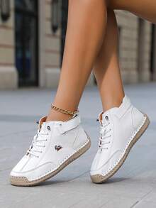 1 Pair Women's Rhombus Pattern Casual PU Leather & Mesh Splice Ankle Boots, Office, Party, Outdoor, All Season, British Style Handmade Octopus Stitching, Rubber Anti-Slip Sole, Fashion Versatile, Fitness, Cross-Training, Cycling - White - View 2