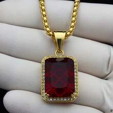 18-36"MEN Stainless Steel 3mm Silver/Gold Plated Box Chain Rhinestone Pendant - Gold+Red Gemstone - View 2