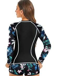 Tropical Print 2 Piece Swimsuits, Long Sleeves Round Neck Top & Boxer Short Bottom Competitive Swimsuit, Women's Swimwear & Clothing - 墨綠色 - 查看 2