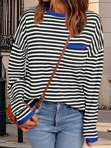 Women's Autumn Casual Tops Long Sleeve Round Neck Loose Fit Striped T-Shirt With Pocket - Lake Blue - View 2