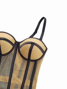 1 pieza Top tipo bustier de malla transparente, body corto con cordones de satén y encaje sexy sin tirantes, adecuado para salidas de mujeres/fiestas de Halloween