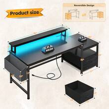EnHomee 57" Gaming Or Home Office Desk With Power Outlets, LED Lights, Drawers, File Cabinet & Printer Shelf, Black - View 7