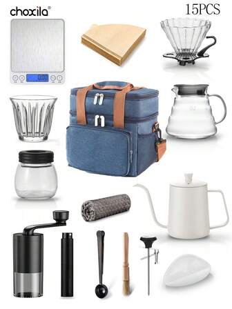 手冲咖啡套装4/6/1015件，带收纳袋，便携式旅行咖啡礼盒套装，包含咖啡收纳袋，咖啡研磨机，咖啡壶，咖啡滤杯，40张V02滤纸，手冲壶，电子秤，咖啡量勺，温度计，豆碟，玻璃杯，豆罐，清洁布，咖啡豆喷雾。