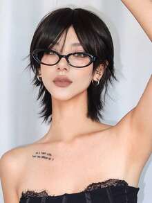 10-Inch Short Mullet Head Wigs With Bangs Synthetic Straight Women Black Short Hair Wig For Daily Party Cosplay - 黑色 - 查看 3