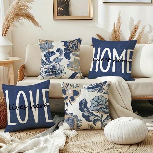 Capas de almofada decorativas florais azuis 2D, 4 peças - 45 x 45 cm, estampa de um lado, decoração de casa de fazenda, texto de amor impresso, fecho de zíper e capas de almofada decorativas laváveis para sala de estar, quarto, sofá, varanda, não incluso