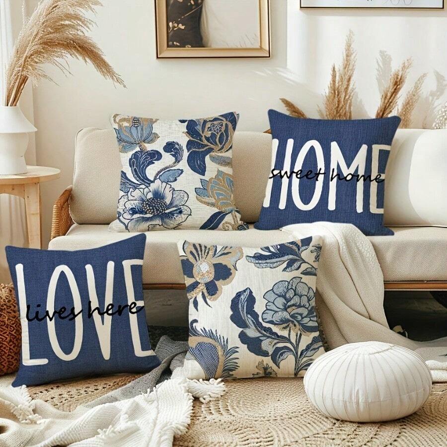 Capas de almofada decorativas florais azuis 2D, 4 peças - 45 x 45 cm, estampa de um lado, decoração de casa de fazenda, texto de amor impresso, fecho de zíper e capas de almofada decorativas laváveis para sala de estar, quarto, sofá, varanda, não incluso