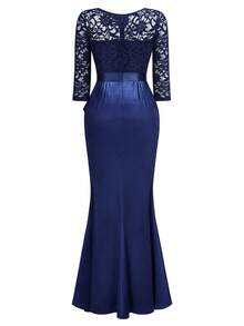 Elegant Women's V-Neck Contrast Lace Ruffle Satin Maxi Dress, Bodycon Split Hem,  Perfect For Formal Wedding Guest , Evening Party, Birthday - Màu xanh hải quân - Xem 8