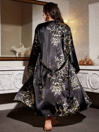 1 pieza Bata de satén con estampado floral para mujer de talla grande, bata de dormir y ropa de estar en casa con cuello en V y manga larga, con patrón floral dorado, lavable a máquina, cálida y cómoda para otoño/invierno