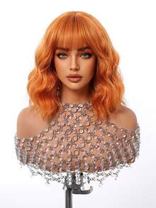 Tóc giả ngắn xoăn màu cam cháy, dài 14 inch, có mái bằng, chất liệu tổng hợp, phù hợp cho nữ giới sử dụng hàng ngày, dự tiệc, Giáng sinh và các dịp khác. - Màu Cam cháy - Xem 5