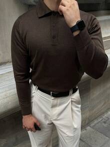 Men's Knit Polo – Button Placket, Relaxed Fit, Smart-Casual – Made In Turkey - Brown - View 7