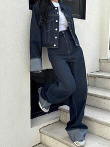 Seelio 春秋新款女士休闲卷袖牛仔夹克，百搭日常穿搭，返校时尚 - 藍色 - 查看 5