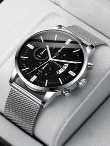 1 件装休闲男士石英表，简约圆形表盘，金属网状表带，男士最佳礼物，适合假日和日常佩戴