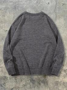 Unisex Vintage Casual Loose Fit Crew Neck Sweater With Star Pattern, Lightweight & Comfortable, Suitable For Spring, Autumn & Winter - Grey - View 3