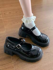 1 pereche de mocasini minimalisti la modă pentru adolescenți, parte superioară din piele PU mată și lucioasă, talpă groasă cu bareta și design cu toc gros, confortabili, antiderapanți și versatili, potriviți pentru exterior, petreceri, serviciu