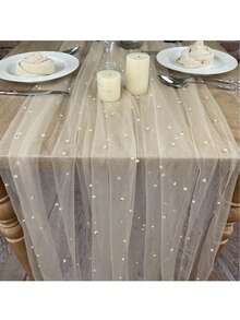 1pc Decorative Wedding Arch Tablecloth, Bridal Shower Decor, Romantic Pearl Lace Tablecloth, Embroidered Sheer Wrinkle-Resistant White Dessert Table Cloth For Events, Chiffon Lace