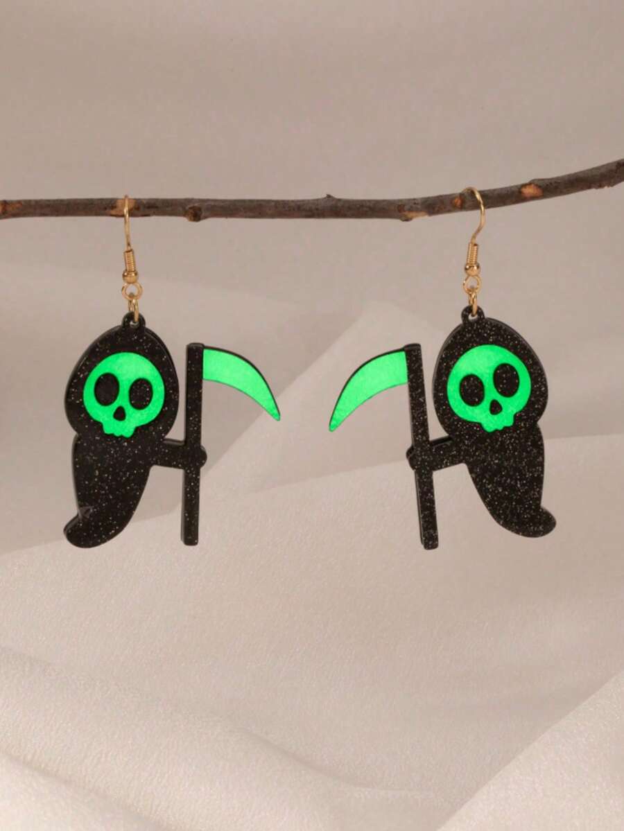 Glow In The Dark Ghost Death Scythe Earrings, Cute Halloween Style, Cartoon Gothic Charm, , Elegant And Cute Hanging Pendants Charm Jewelry Men's And Women's Role Playing Party Gifts