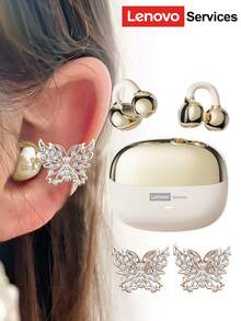 Lenovo سماعات بلوتوث موضة من ليونوفو LE302 مع إكسسوارات سماعات الأذن على شكل فراشة، سماعات أذن قابلة للتثبيت بالكليب مع صوت محيطي، جودة صوت عالية، انخفاض في التأخير، إلغاء ضوضاء ENC، ارتداء مريح، مناسبة كإكسسوار أقراط موضة وهدية للنساء