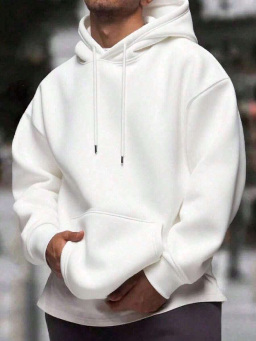 2026Male And Female NeutralMen's Solid Color Drop Shoulder Long Sleeve Drawstring Pocket Casual Hoodie, Autumn/Winter,Back To SchoolprintingT-Shirt- Oversized Casual Short Sleeve Round Neck Tee, Soft Breathable Fabric For Holiday Parties& Gift Giving - 白色 - 查看 1
