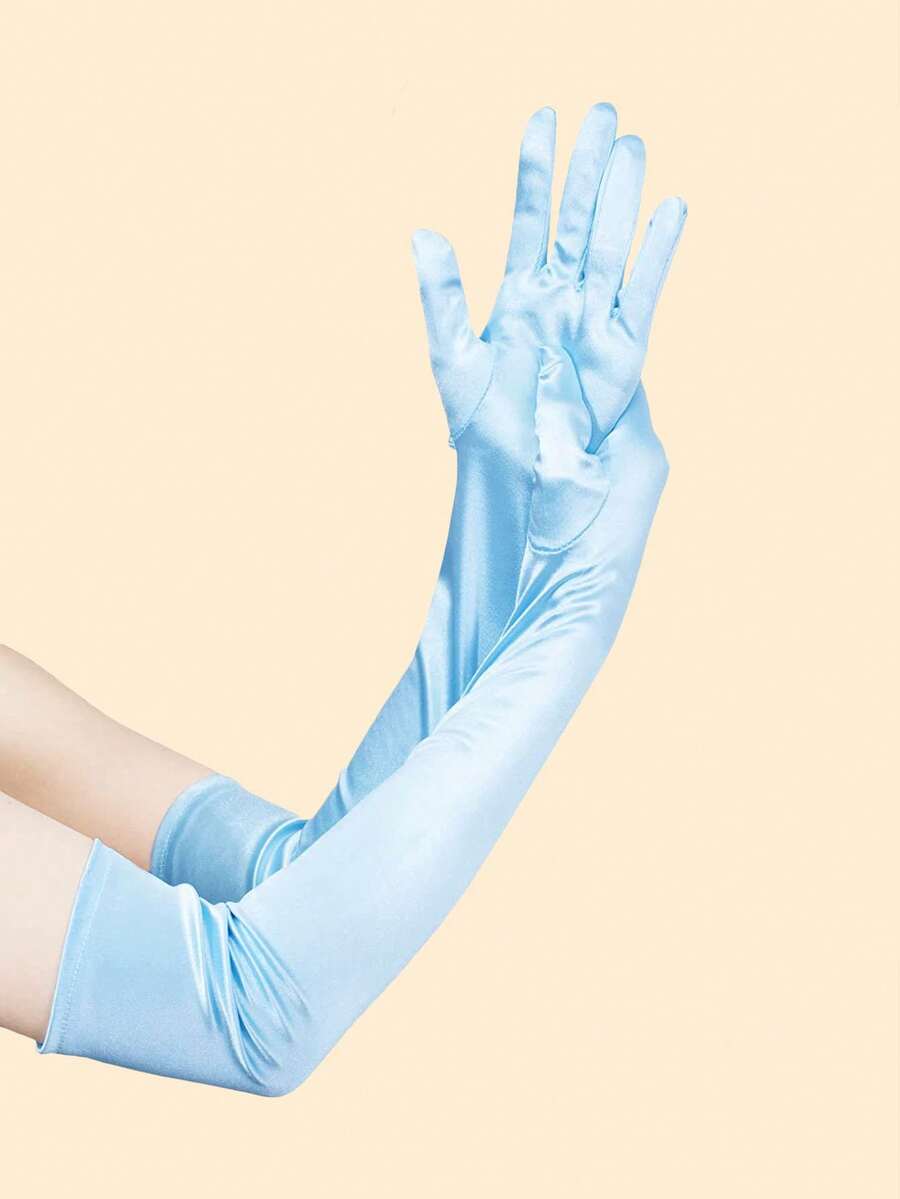 1 双天蓝色女士缎面长手套，性感手套适合正式活动、婚礼、派对 - 淺藍色 - 查看 1