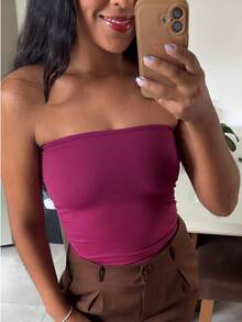 Women's Basic Tube Top, Strapless, Long, Double Polyamide Tube Top, Without Pads - Purple - View 1