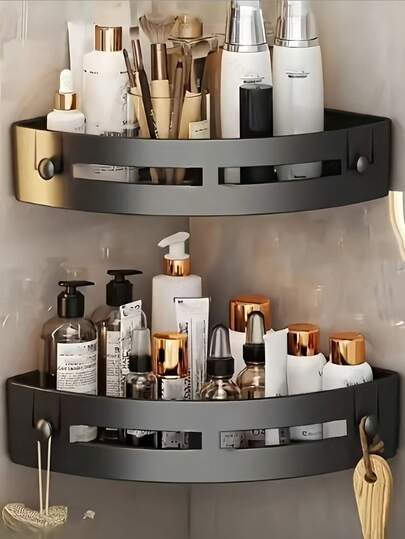 2pcs Plastic Corner Drain Storage Box - No Drilling Adhesive Installation, Built-In Hooks, Non-Slip & Waterproof Design, Space-Saving Bathroom Organizer For Shampoo/Shower Gel/Cosmetics, Multi-Functional Shelf For Kitchen/Apartment, Easy To Install Home Essentials, Also A Great Christmas Gift For Girls/Homeowners