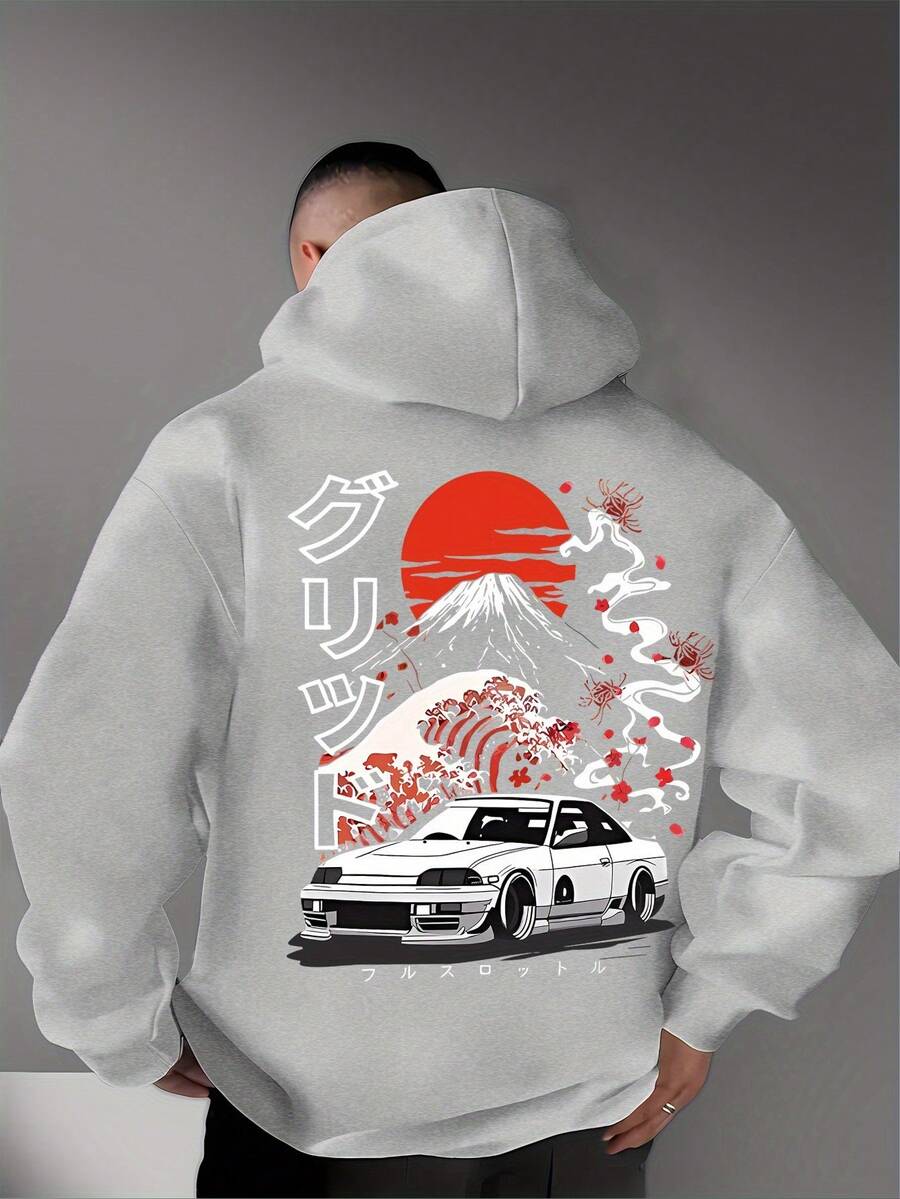 1 Piece Men's Casual Fashion Japanese Style Car Mountain Printed Hoodie, Long Sleeve Pullover, Regular Men's Hoodie-2026 - 淺灰色 - 查看 1