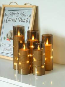 5支闪烁无焰蜡烛，带星形串灯，电池供电，内置LED灯串，不易碎亚克力材质，带遥控器，许愿蜡烛灯，适用于桌面摆件装饰，适合圣诞节、万圣节、情人节、婚礼、派对、节日氛围装饰。 - 灰色 - 查看 6