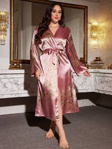 1 pièce Robe de chambre en satin à imprimé floral pour grandes tailles, robe de chambre ample à manches longues et col en V, style kimono avec ceinture à la taille, tissu doux et soyeux, lavable en machine, convient pour un usage domestique - Rose bonbon - Voir 4