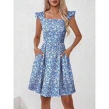 Women's Summer Dresses Casual Square Neck Floral Sundress With Pockets A Line Flowy Beach Dress - 藍色 - 查看 4