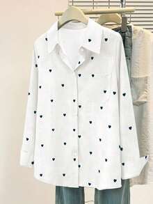 大码女式休闲基础款纯色爱心印花长袖POLO衫，带口袋，春夏秋季日常穿着 白色 - 白色 - 查看 7