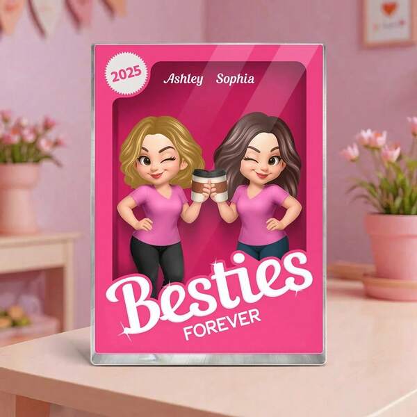 Besties Forever Pink Action Figure 3D Effect Personalized Acrylic Block, Meaningful Gift For Best Friend