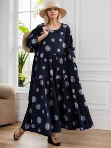 Bluzki, Długa sukienka jesienna, Długa sukienka w groszki, Codzienna sukienka w stylu boho na wakacje, Sukienka damska w rozmiarze plate, Jesienna sukienka plisowana z długim rękawem i okrągłym dekoltem (2025), Jedna sukienka, Losowy wzór