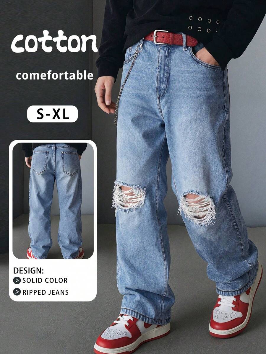 Men's Casual Loose Wide Leg Distressed Jeans, Versatile All-Season, Fashionable Streetwear, Suitable For Work, Commute, Stage Performance, Hangout With Friends, Outdoor Wear - Blue - View 1