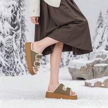 lunryet Women's Fluffy Faux Fur Slippers Comfy Open Toe Two Adjustable Band Slides With Fleece Lining And Rubber Sole Home Shoes PLUSH-1 - TAUPE - 查看 4