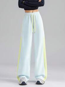 2025新款秋季条纹抽绳直筒运动裤，女休闲阔腿裤