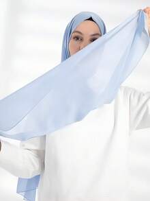 1条女士纯色雪纺沙滩围巾、头巾、阿拉伯休闲长围巾，适合日常穿着。 - 藍色 - 查看 3