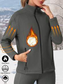 1 szt. damska kurtka termiczna na zewnątrz z podszewką i kieszeniami na zamek, minimalistyczna kurtka sportowa, dzianina, elastyczna i wygodna do noszenia na co dzień i do ćwiczeń