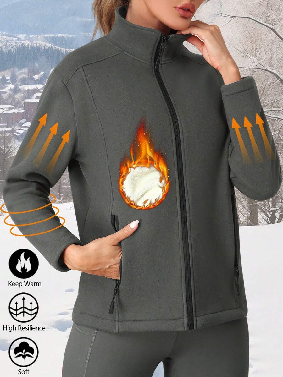 1 szt. damska kurtka termiczna na zewnątrz z podszewką i kieszeniami na zamek, minimalistyczna kurtka sportowa, dzianina, elastyczna i wygodna do noszenia na co dzień i do ćwiczeń