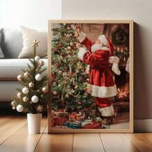 1 pièce, canevas murale, Décoration murale de Noël encadrée, Décoration vintage du Père Noël, Peinture d'arbre de Noël, Père Noël portant des cadeaux, Art de Noël, Affiche de Noël d'hiver, Peinture à l'huile de Noël vintage, Art des fêtes, Peinture à l'huile de style campagnard, Ornements de Noël