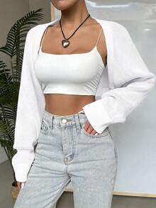 GoyRrbay Womens Long Sleeve Open Front Knit Crop Bolero Cardigan Sweater Shrug For Dress - trắng - Xem 3