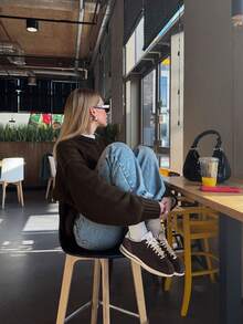 Korean Style Casual Loose Solid Color Round Neck Long Sleeve Versatile Daily Knit Sweater - Chocolate Brown - View 5