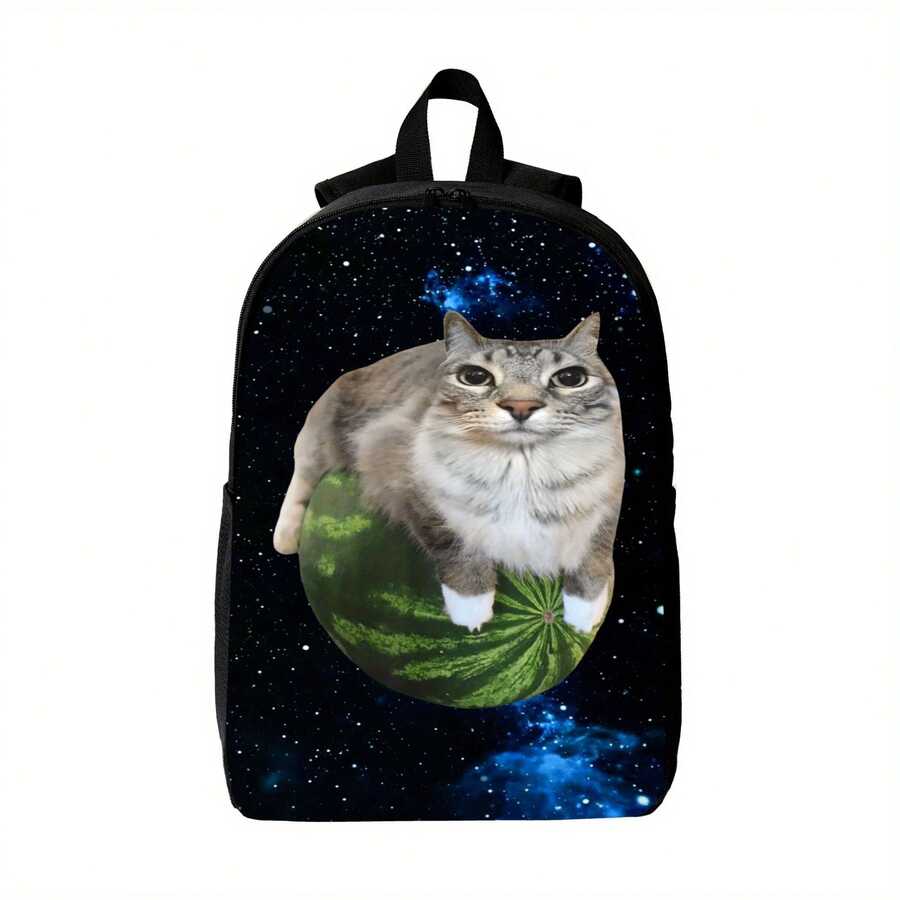 Funny Watermelon Cat Backpack - Lightweight School Bag With Adjustable Strap, Zipper Closure, Black & White Meme Design For Students, College, Travel - Durable Canvas Daypack For Everyday Use, Student Essentials, Playful Print, Sturdy Construction, College Essentials, Fun Print, Hand Washable, College Students, For Teenager - màu đen - Xem 1