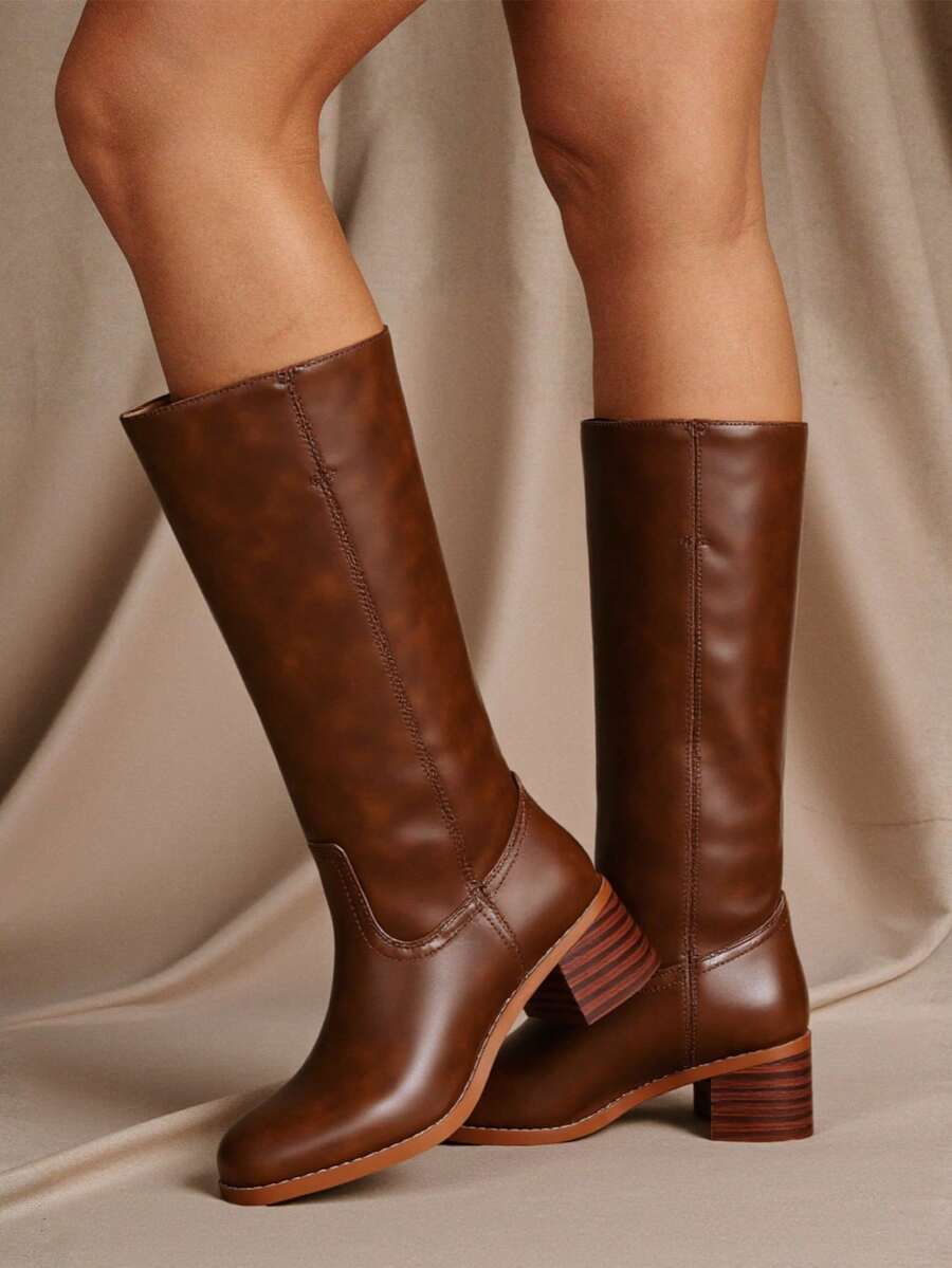 Knee High Boots For Woman Square Toe Fall Wide Calf Pull On Chunky Block Heeled Boots Riding Boots Knight Women's Boots Autumn Casual Comfortable Block Heels For Women - Nâu yên ngựa - Xem 1