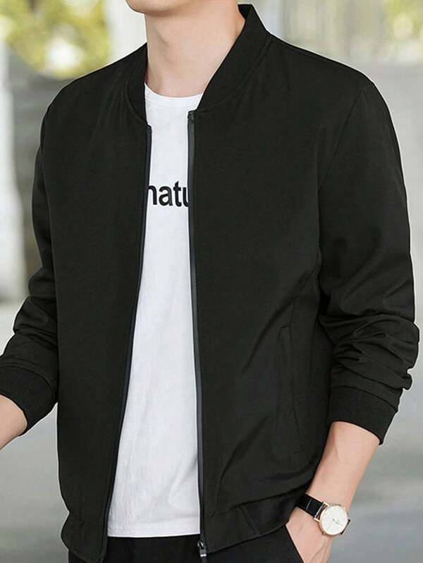 Teens' Fashionable Solid Color Classic Side Zip Pocket Ribbed Cuff & Hem Casual Baseball Collar Jacket, Suitable For Spring & Autumn Outdoor Activities