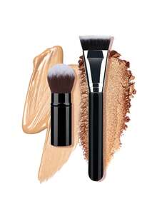 1/2/3件套化妆刷 NEW YORK 可伸缩黑色歌舞伎刷，适用于液体、膏状和粉状面部彩妆，铝制手柄，包含粉底粉底刷套装、腮红高光刷以及圆形和扁平粉底刷。 - 黑色 - 查看 7