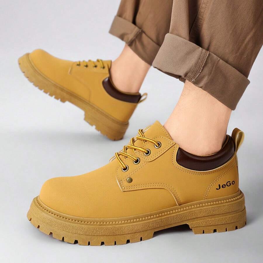 Sapatos de Couro Outono Masculino, Oxford de Sola Grossa Retrô Preto, Botas de Trabalho Externo, Botas de Cano Baixo, Estilo Britânico