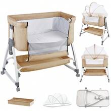 Two-In-One Folding Crib With Wheels, Baby Cradle Mosquito Net, 80*40*100-115 Cm (6-Way Adjustable – Diamond Pattern). Durable Umbrella-Style Mosquito Net For Cribs With Zipper, Sturdy Mosquito Net For Co-Sleeping Cribs With Fine Mesh, Easy Access, With Storage Compartment, Suitable For 0-36 Months. - Màu be - Xem 5